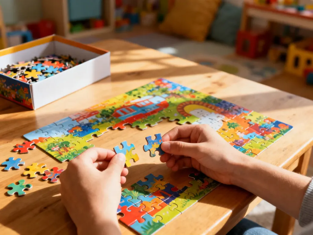 Dziecięce dłonie układające kolorowe puzzle na drewnianym stole w przytulnym pokoju.