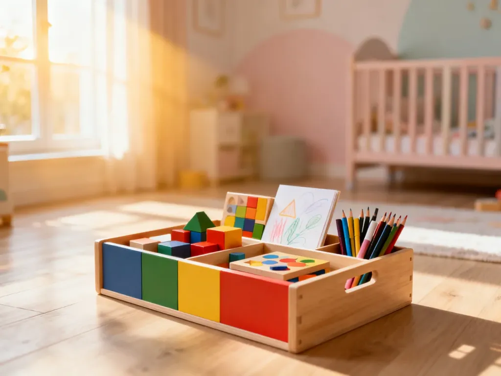 Kolorowy pojemnik z zabawkami edukacyjnymi, klockami i przyborami do rysowania w przytulnym pokoju dziecięcym.