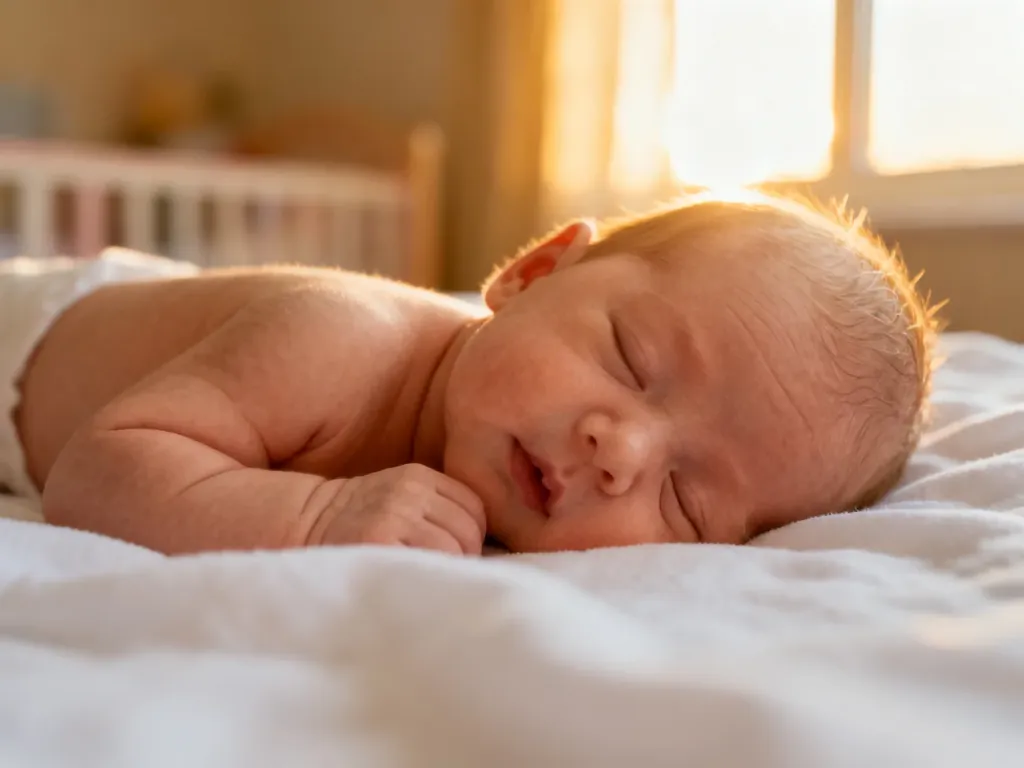 Noworodek leżący na miękkim, białym kocyku w jasnym, przytulnym pokoju. Delikatne zbliżenie ukazujące naturalny wygląd dziecka.