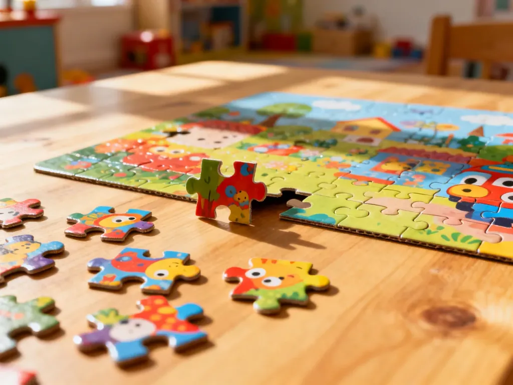Kolorowe puzzle układane na drewnianym stole w słonecznym pokoju dziecięcym.