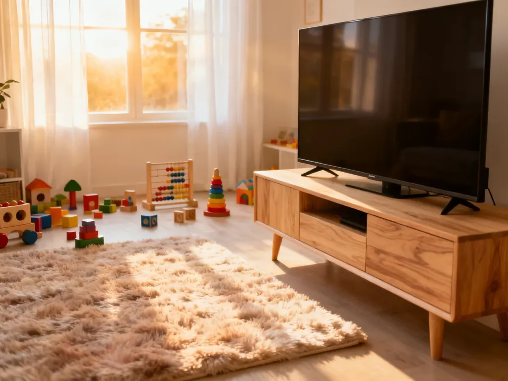 Przytulny salon z wyłączonym telewizorem i zabawkami na podłodze, zachęcający do wspólnego wypoczynku z dzieckiem.