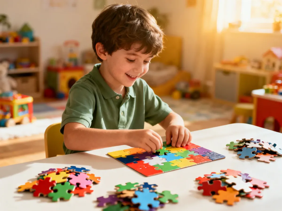 Dziecko układające kolorowe puzzle przy stole