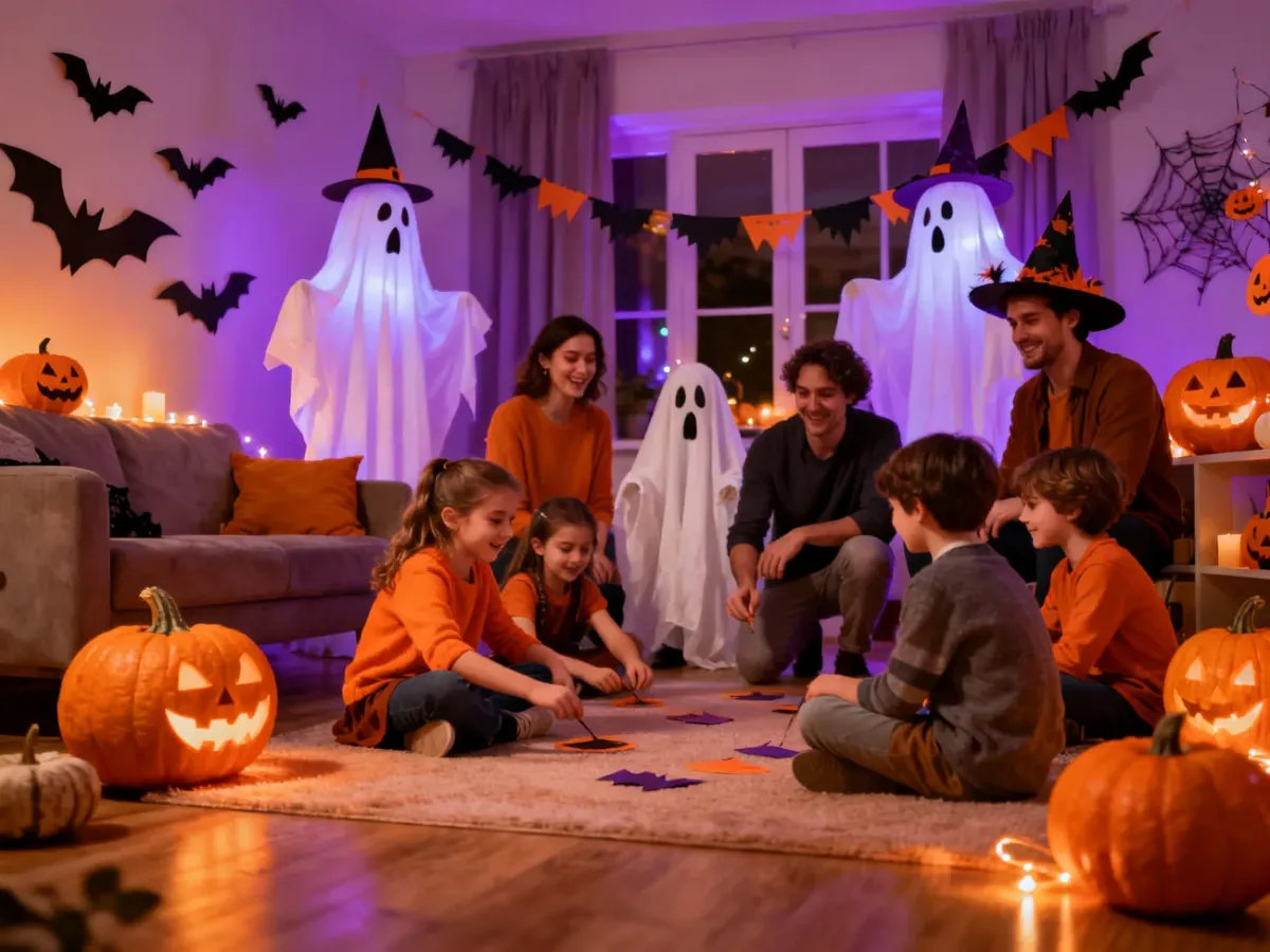 Grupa dzieci i dorosłych bawiąca się podczas przyjaznej imprezy halloweenowej