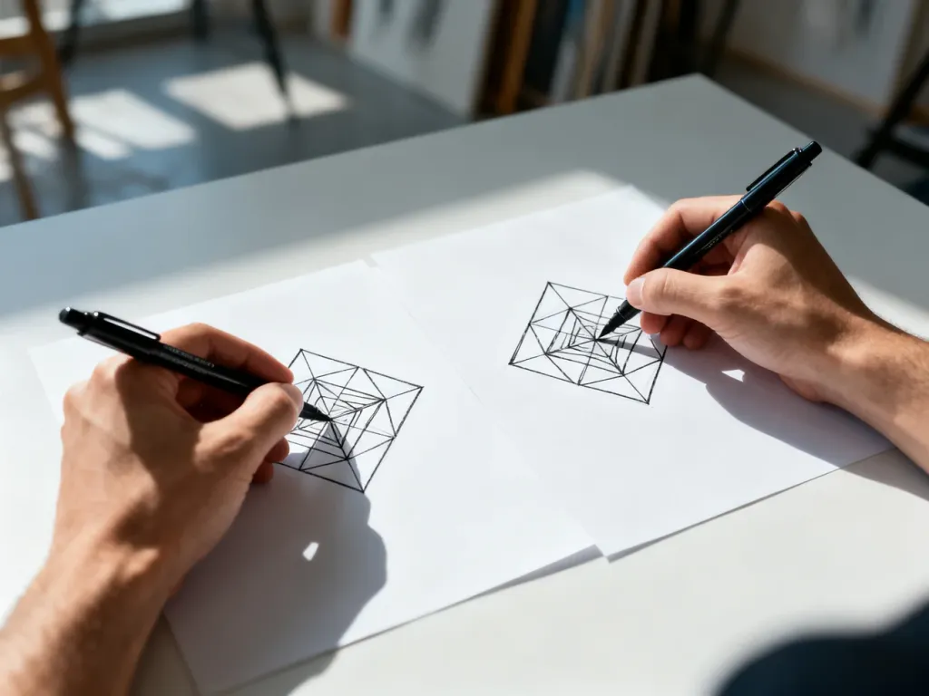 Dwie dłonie rysujące jednocześnie symetryczne wzory geometryczne na białej kartce papieru.