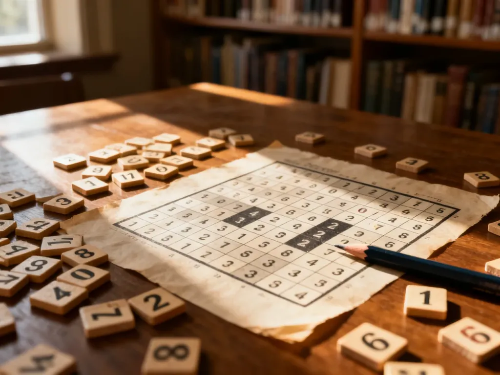 Drewniany stół z łamigłówką sudoku, ołówkiem i rozsypanymi cyframi w przytulnym, słonecznym wnętrzu biblioteki.