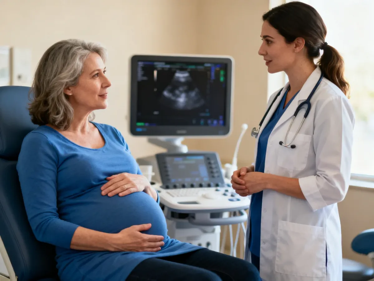 Kobieta po czterdziestce podczas spokojnej konsultacji prenatalnej z ginekologiem