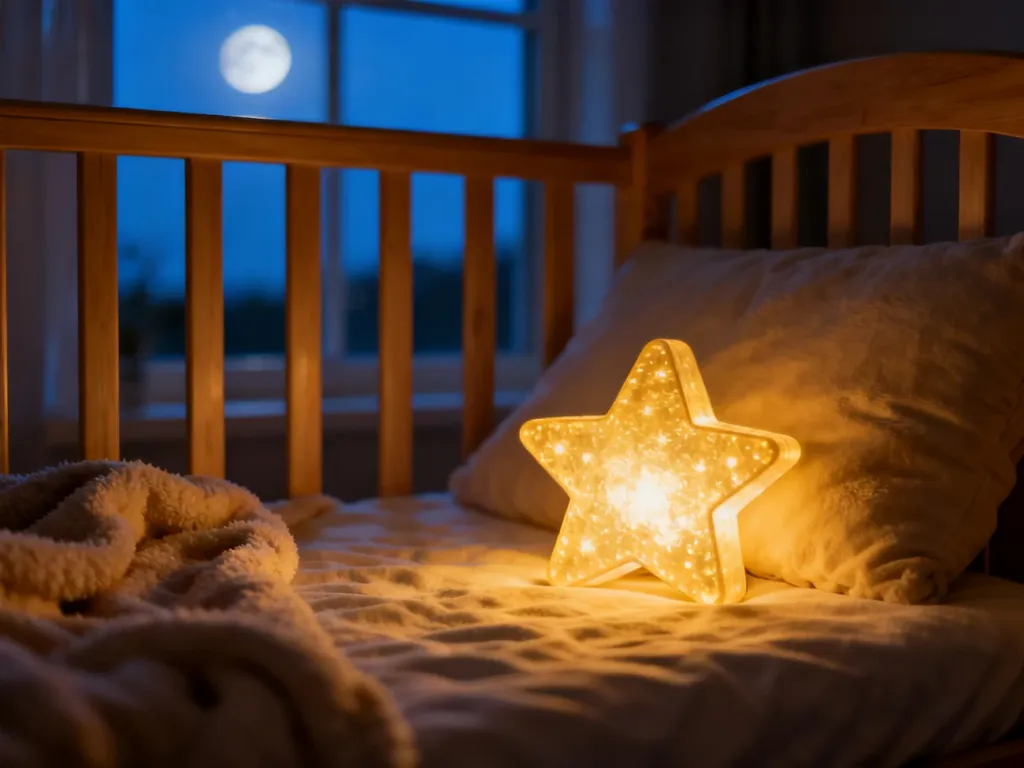 Przytulne łóżeczko dziecięce w minimalistycznym pokoju oświetlone ciepłym światłem lampki nocnej, sprzyjające spokojnemu snu.