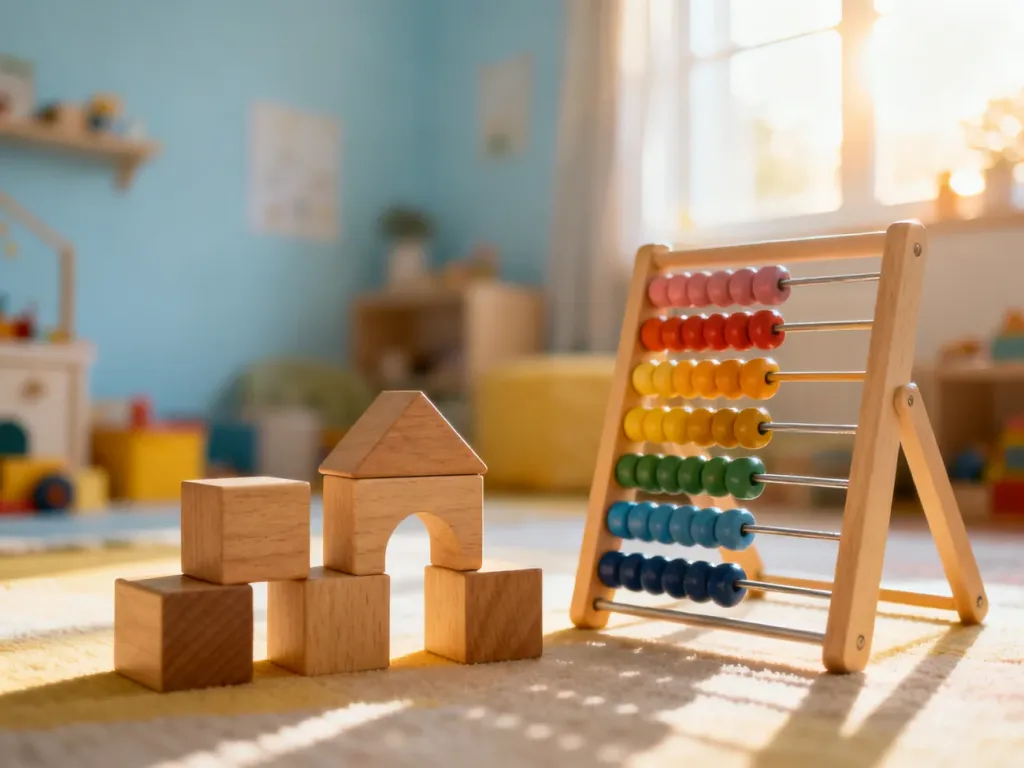 Drewniane klocki i liczydło w przytulnym pokoju dziecięcym, zachęcające do kreatywnej i edukacyjnej zabawy.