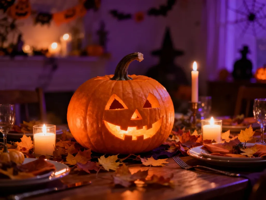 Nastrojowa dekoracja stołu na Halloween z dyniami, świecami i jesiennymi liśćmi, tworząca klimatyczną scenerię święta.