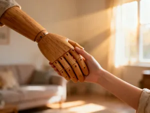 Kolorowa wieża z drewnianych klocków na podłodze w pokoju dziecięcym, symbolizująca zabawę wspierającą rozwój trzylatka.