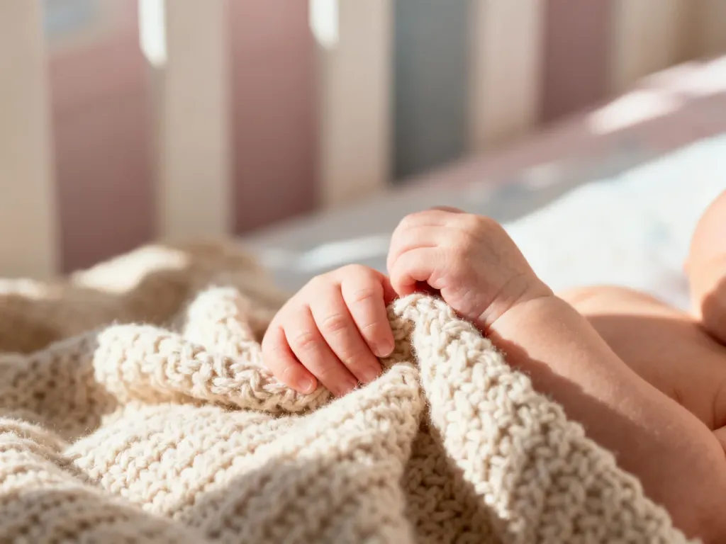 Dłonie noworodka delikatnie trzymające miękki, beżowy kocyk w przytulnym, jasnym pokoju dziecięcym.