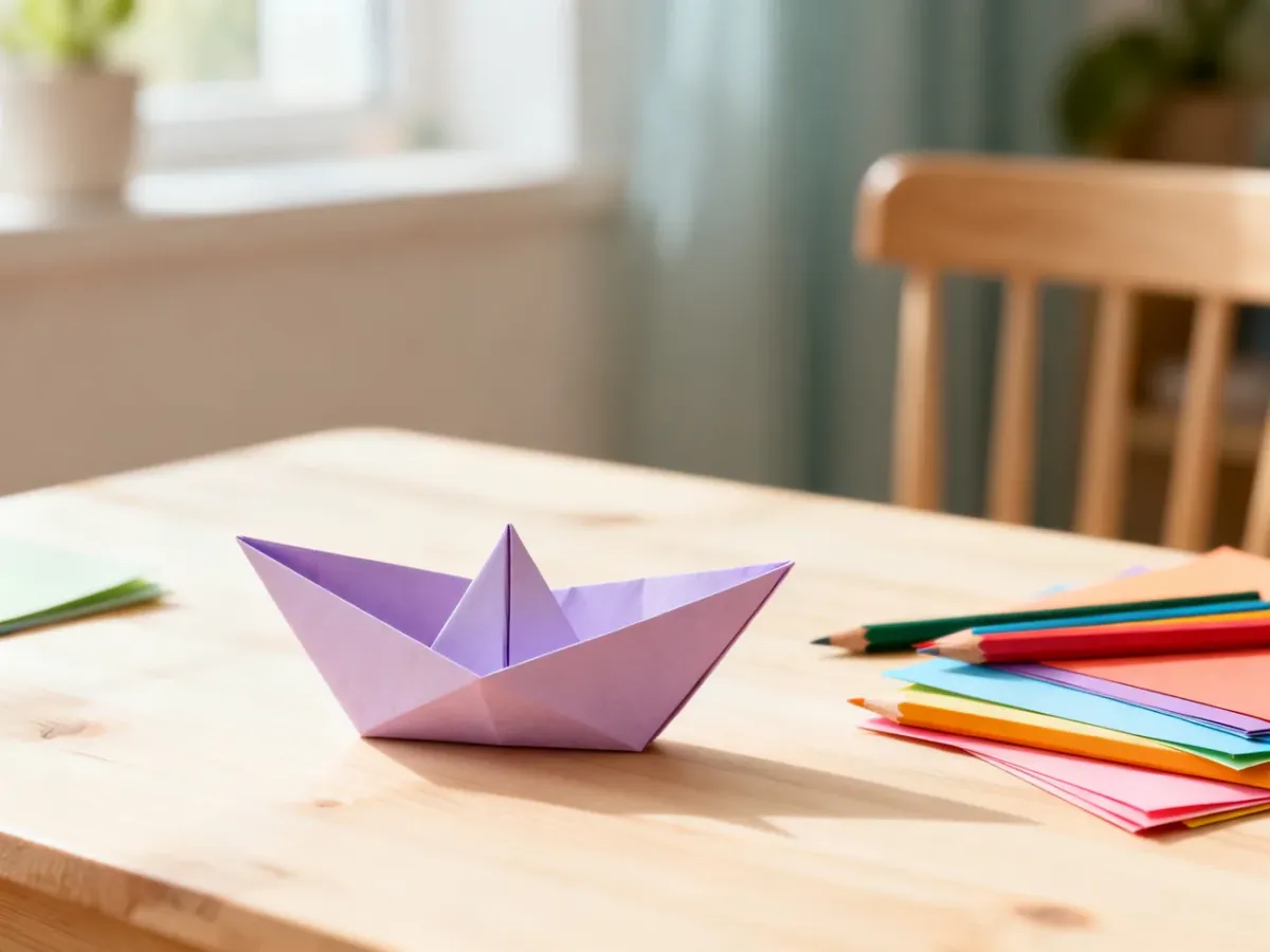 Kolorowa papierowa łódka origami na stole z przyborami plastycznymi