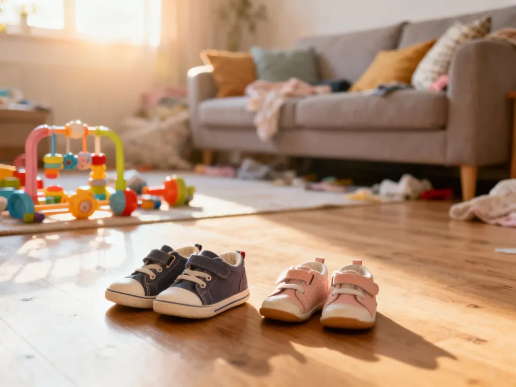 Zabawki i dwie pary butów dziecięcych na podłodze, symbolizujące zmiany w codziennym życiu rodziny z dwójką dzieci.