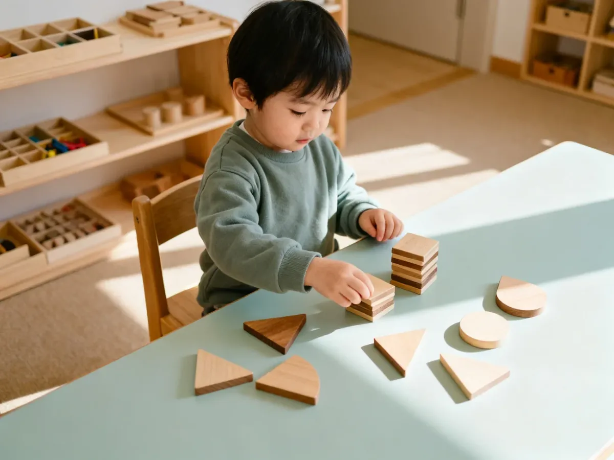 Dziecko samodzielnie układające i sortujące drewniane elementy Montessori