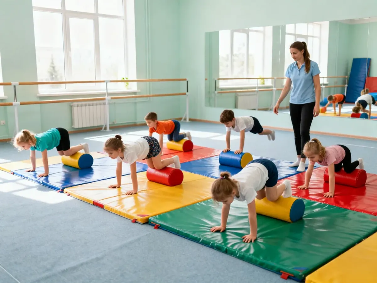 Trener asekurujący dzieci podczas bezpiecznych ćwiczeń akrobatycznych na sali gimnastycznej