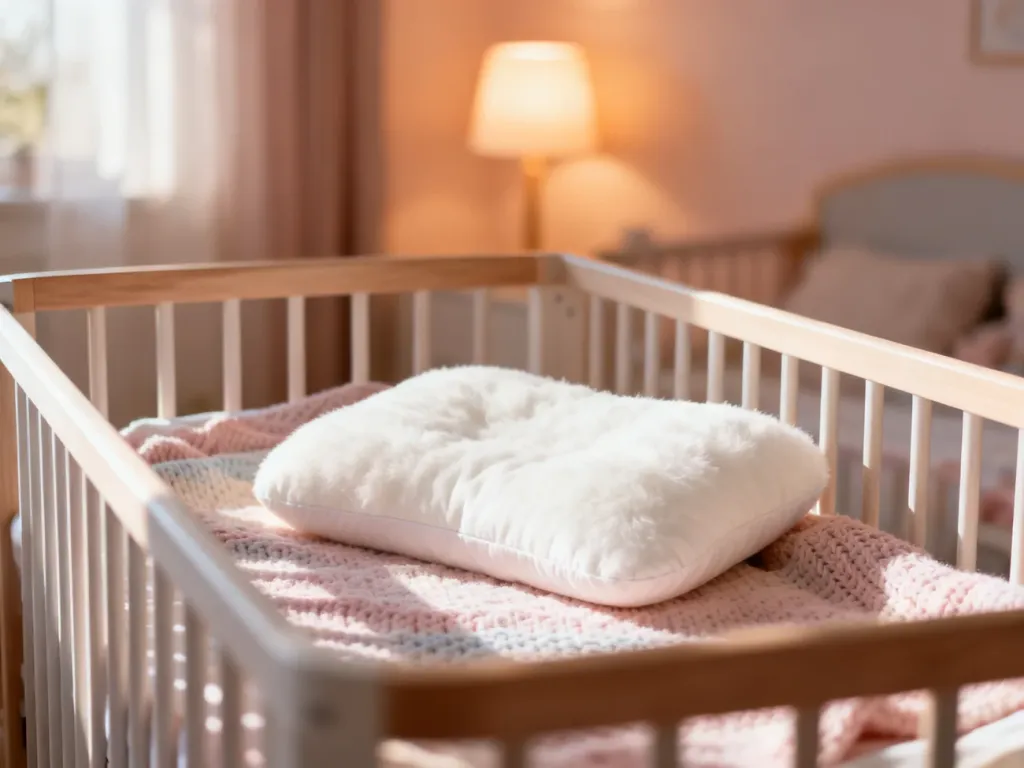 Puszysta, hipoalergiczna poduszka dziecięca ułożona na miękkim kocyku w nowoczesnym łóżeczku w przytulnym pokoju.