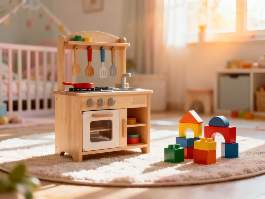 Drewniane zabawki kuchenne i klocki na dywanie w przytulnym pokoju dziecięcym, zachęcające do kreatywnej zabawy.