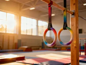 Drewniany stojak edukacyjny z zabawkami na miękkim dywanie w jasnym pokoju dziecięcym, wspierający rozwój niemowlęcia.
