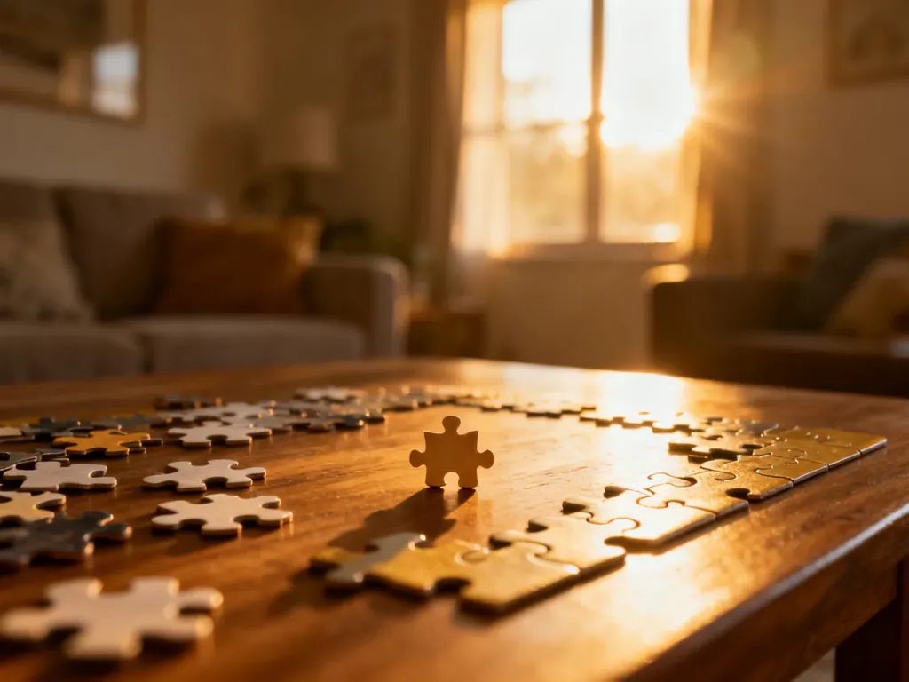Niedokończone puzzle na stole jako metafora ukrytej prawdy w relacji rodzic-dziecko.