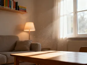 Drewniany klocek na miękkim dywanie w przytulnym salonie, tworzący spokojną atmosferę sprzyjającą wyciszeniu dziecka.
