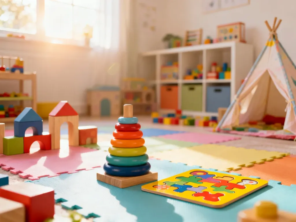 Przytulny pokój zabaw z kolorowymi klockami, matami i zabawkami edukacyjnymi, zachęcający do kreatywnej zabawy.