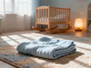 Przytulne łóżeczko dziecięce w minimalistycznym pokoju oświetlone ciepłym światłem lampki nocnej, sprzyjające spokojnemu snu.