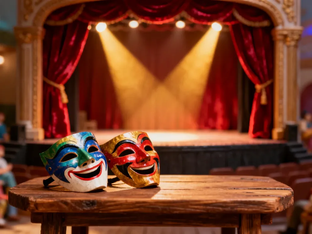 Kolorowe maski teatralne na drewnianym stole przed miniaturową sceną z czerwonymi kurtynami i ciepłym oświetleniem.