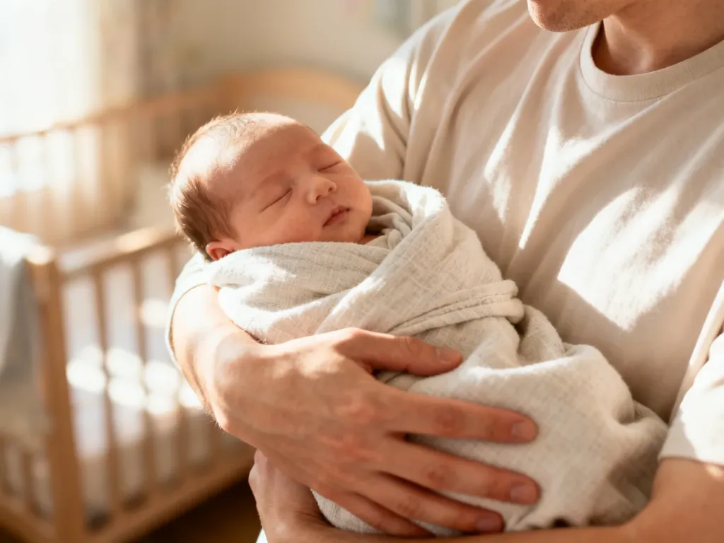 Rodzic delikatnie i bezpiecznie trzymający noworodka owiniętego w miękki kocyk, prezentując ergonomiczną pozycję noszenia.