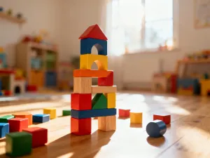 Kolorowe klocki i rozsypane puzzle na drewnianej podłodze w słonecznym pokoju dziecięcym.