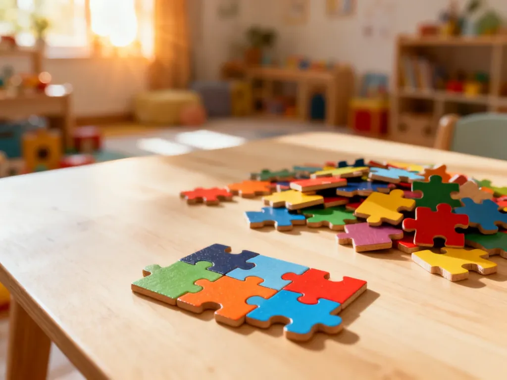 Kolorowe drewniane puzzle rozłożone na jasnym stole, zachęcające dzieci do kreatywnej zabawy i ćwiczenia umysłu.