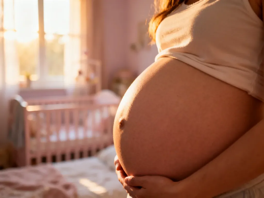Ciężarna kobieta trzymająca dłonie na brzuchu w przytulnym, słonecznym pokoju dziecięcym.