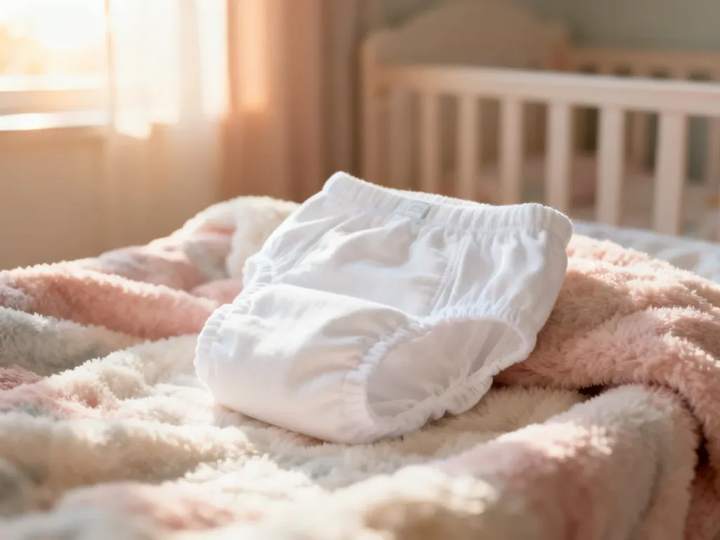 Czysta, bawełniana pieluszka leżąca na miękkim kocyku w przytulnym pokoju dziecięcym.