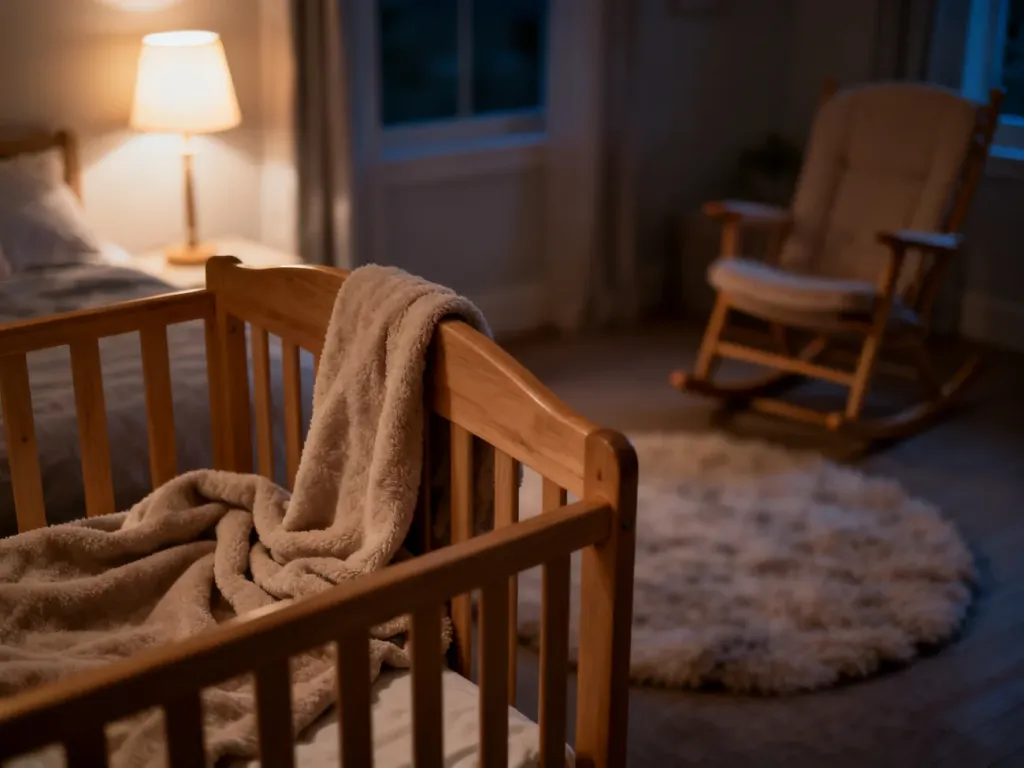 Przytulny pokój dziecięcy z drewnianą kołyską w ciepłym świetle lampki nocnej, tworzący spokojną i bezpieczną atmosferę.