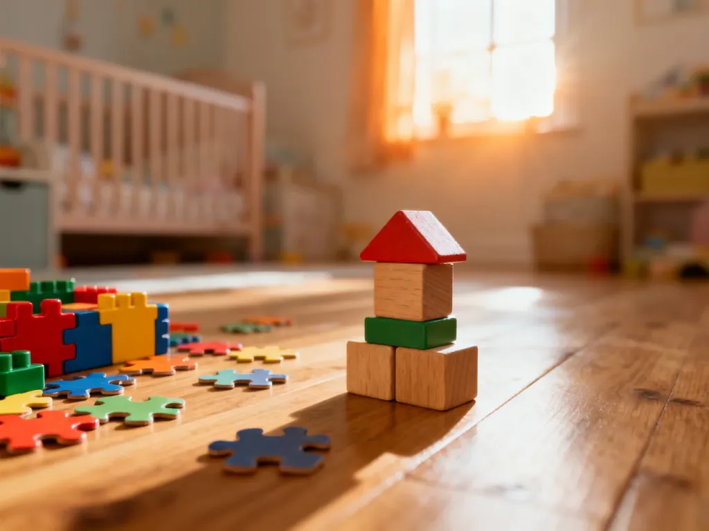 Kolorowe klocki i rozsypane puzzle na drewnianej podłodze w słonecznym pokoju dziecięcym.
