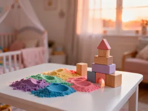 Przytulny salon z kącikiem dla dziecka, symbolizujący przygotowanie domu na powiększenie rodziny.