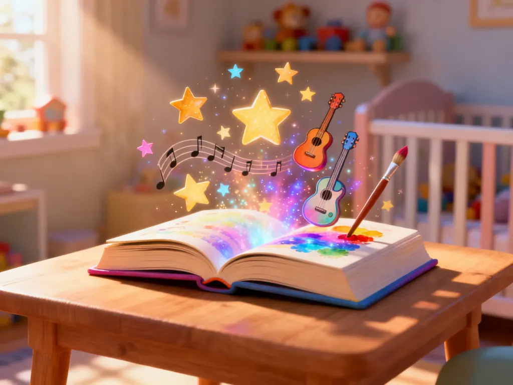 Otwarta, magiczna książka z ilustracjami instrumentów i pędzli, symbolizująca rozwijanie dziecięcych talentów.