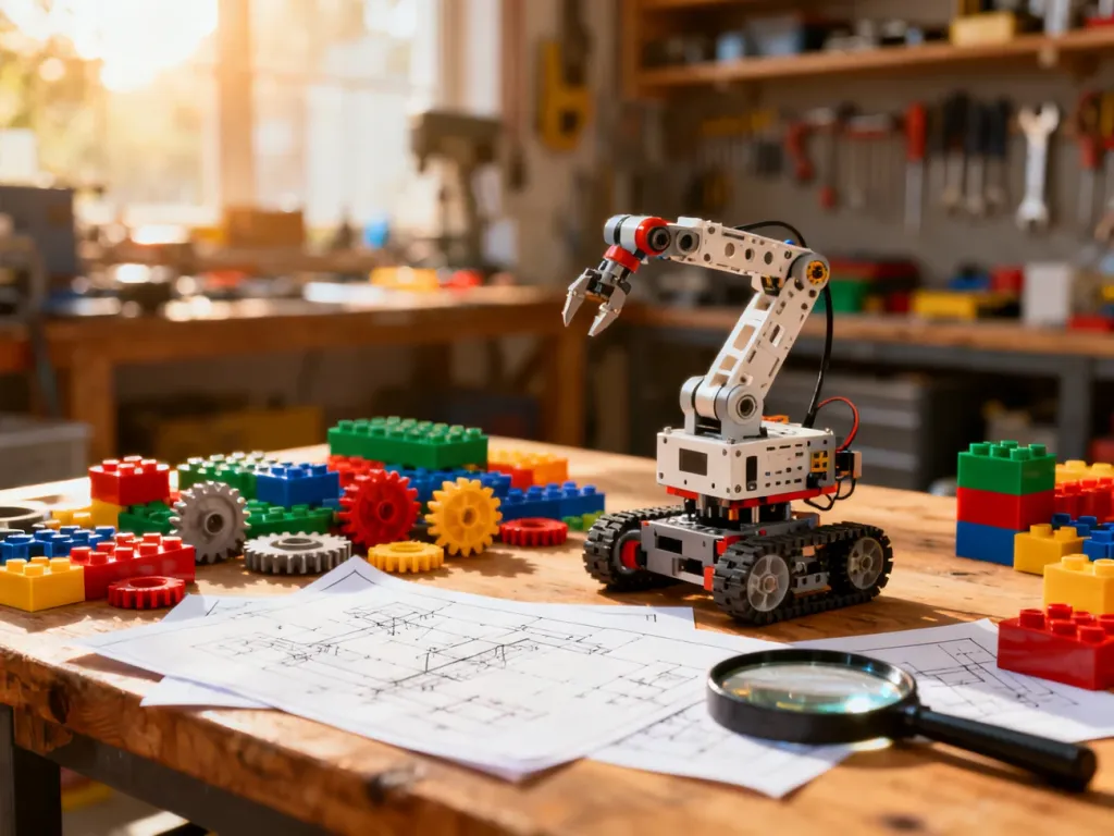 Drewniany stół z klockami, przekładniami i zestawem robotycznym, zachęcający dzieci do rozwijania pasji technicznych.