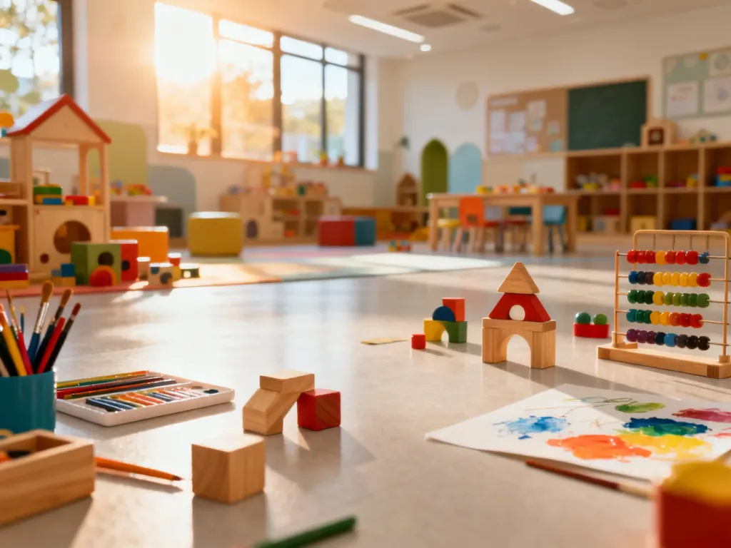 Kolorowy pokój zabaw z edukacyjnymi klockami i przyborami plastycznymi w nowoczesnym centrum rozwoju dzieci.
