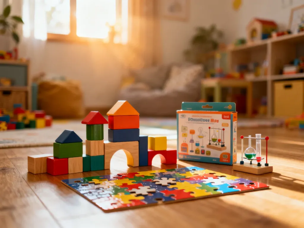 Zestaw kreatywnych zabawek edukacyjnych, klocków i puzzli rozłożonych na drewnianej podłodze w przytulnym pokoju dziecięcym.