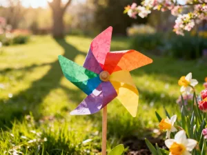 Kolorowe wycinanki, origami i papierowe kwiaty rozłożone na drewnianym stole, zachęcające do kreatywnej zabawy z dziećmi.