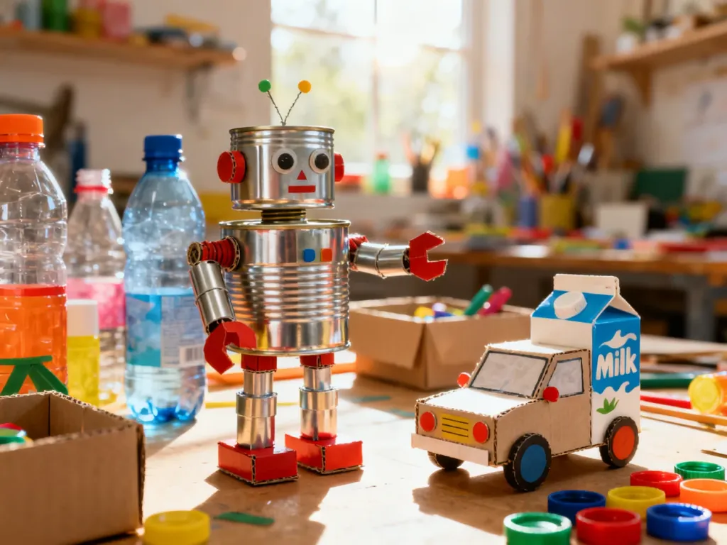 Ręcznie wykonane zabawki z plastikowych butelek, kartonów i puszek w słonecznej pracowni, inspirujące do recyklingu.