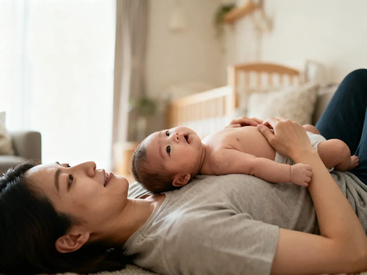 Rodzic ćwiczący tummy time z noworodkiem ułożonym na klatce piersiowej