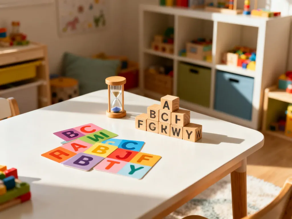 Drewniane klocki z literami, karty edukacyjne i klepsydra na stole, przygotowane do ćwiczeń logopedycznych z dzieckiem.