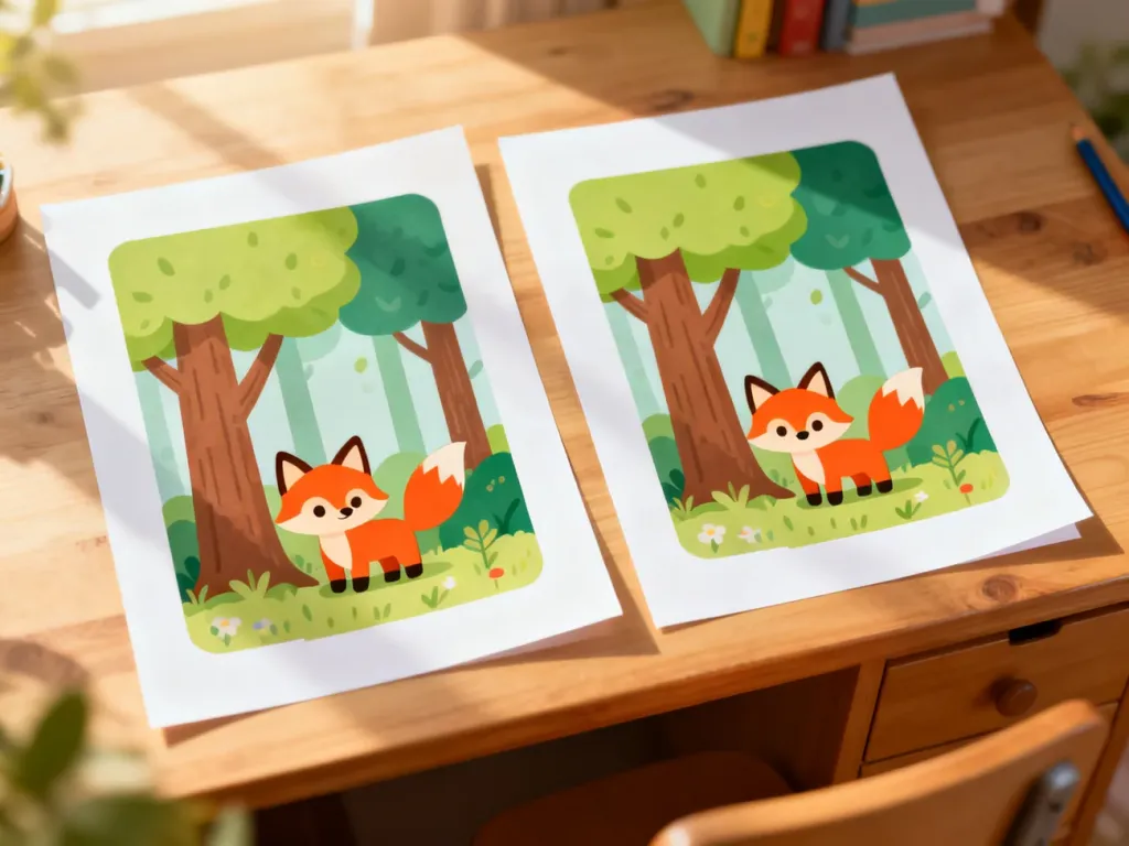 Dwie ilustracje z lisem w lesie przygotowane jako gra typu „znajdź różnice” dla dzieci.