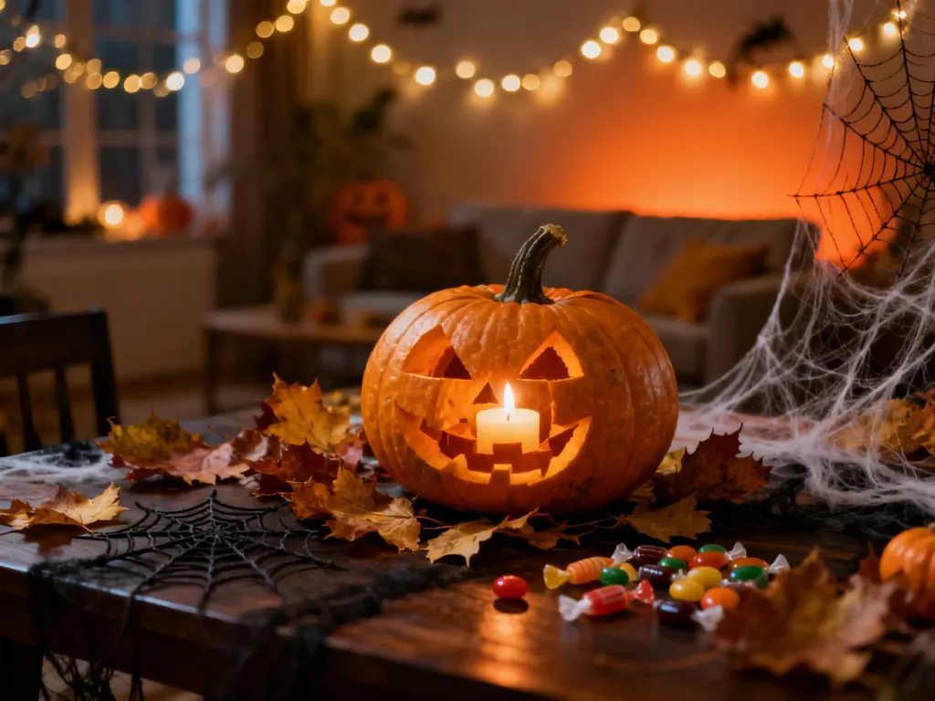 Stół na imprezę halloweenową z podświetlaną dynią, słodyczami i jesiennymi dekoracjami w nastrojowym, ciepłym świetle.