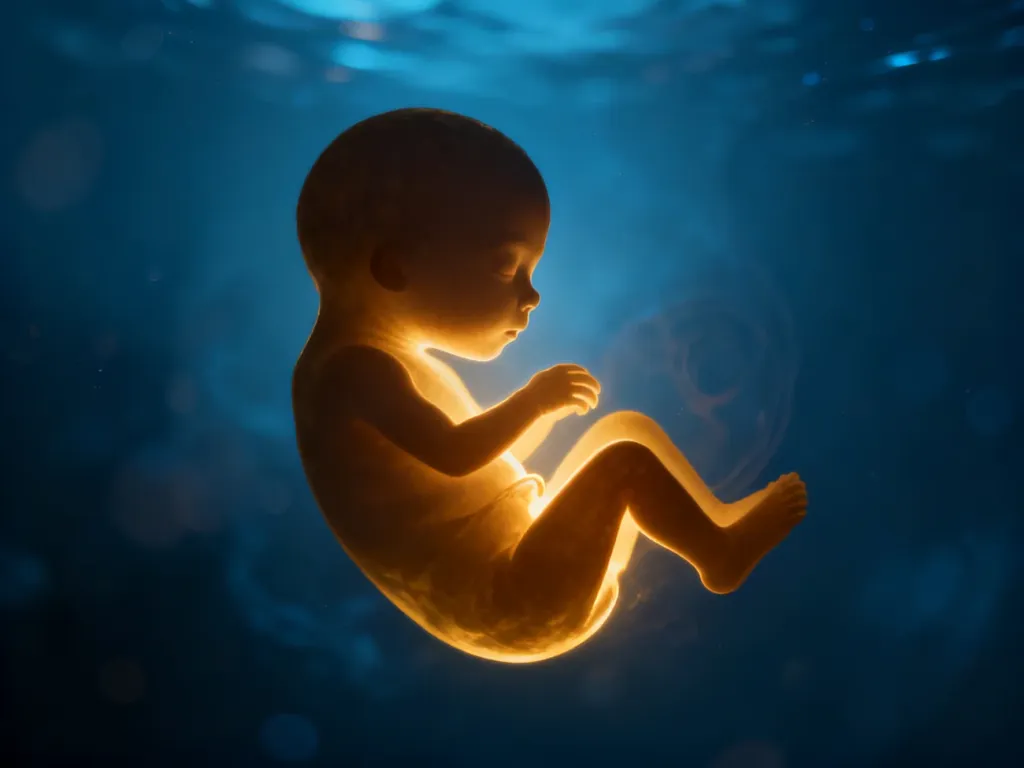 Artystyczna wizualizacja rozwijającego się płodu w łonie matki, podkreślająca delikatność i spokój życia wewnątrz.