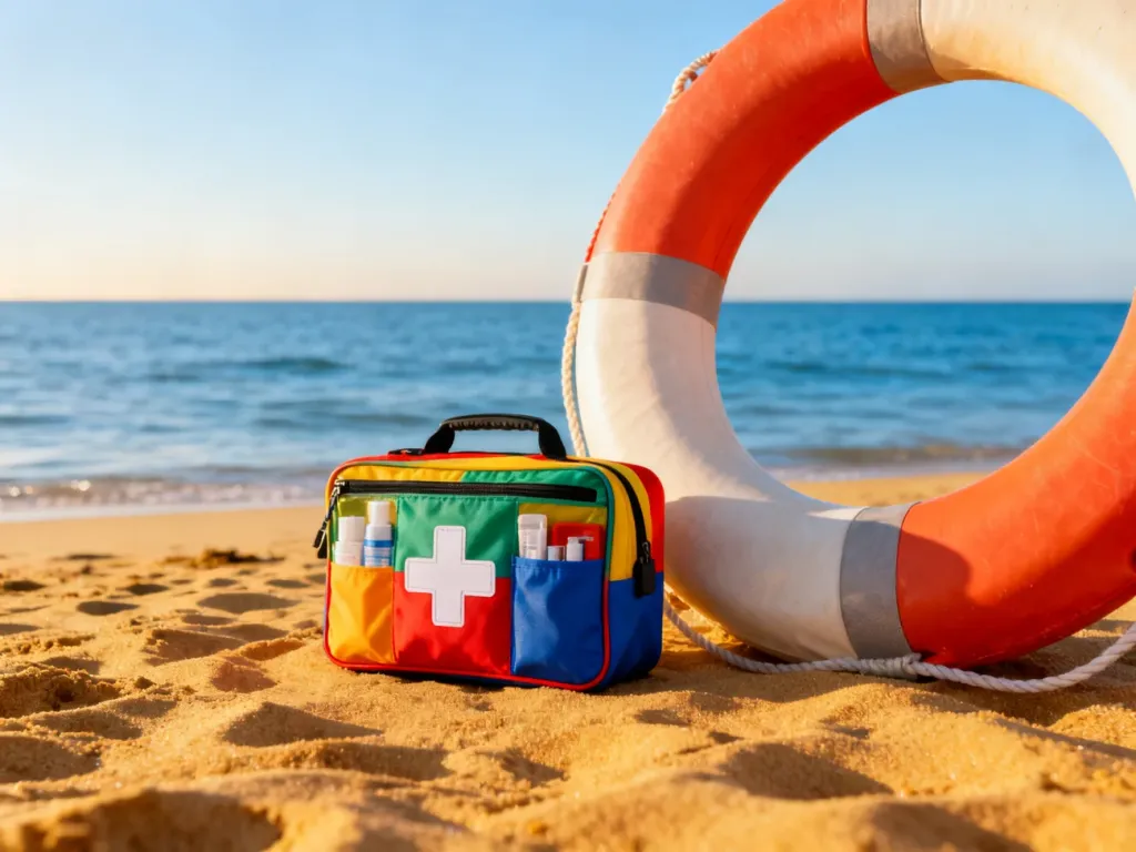 Apteczka pierwszej pomocy i koło ratunkowe na piaszczystej plaży, symbolizujące bezpieczeństwo dzieci podczas wakacji.