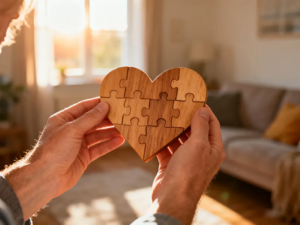 Dłonie dorosłego trzymające drewniane serce w formie puzzla, symbolizujące budowanie więzi i rozmowę o emocjach z dzieckiem.