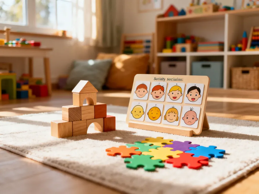 Kolorowy pokój do zajęć TUS z klockami, puzzlami i kartami emocji, sprzyjający rozwojowi społecznemu dzieci.