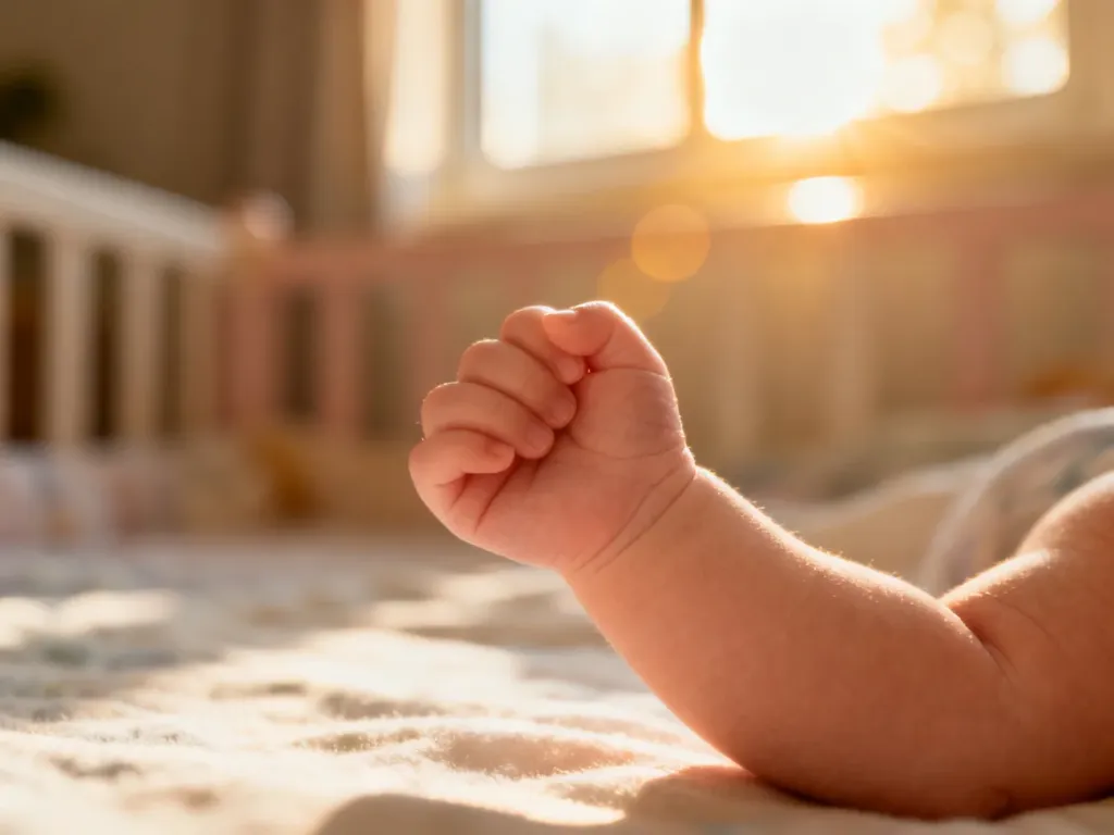 Delikatna dłoń noworodka zaciśnięta w piąstkę na tle przytulnego, słonecznego pokoju dziecięcego.